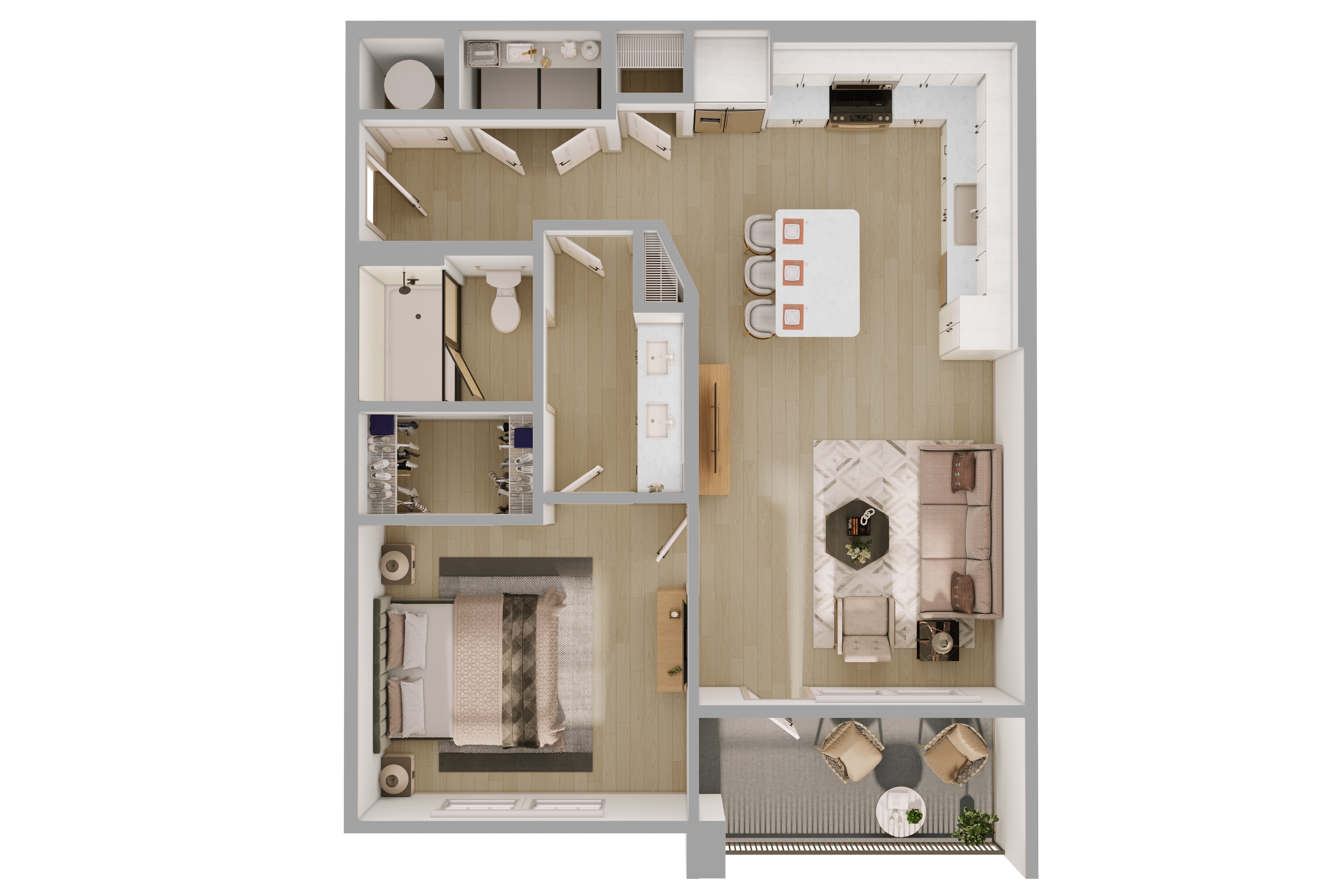 A1 Floor Plan in Scheme 2: White cabinets and light flooring,2D A1 Floor Plan Image with Balcony | 740 Square Feet